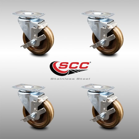 Service Caster 4 Inch SS High Temp Phenolic Swivel Top Plate Caster Set with Brake SCC SCC-SS20S414-PHSHT-TLB-4